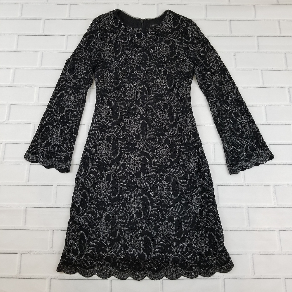 Black Metallic Bell Sleeves Flocked Lace Dress - Picture 3 of 8